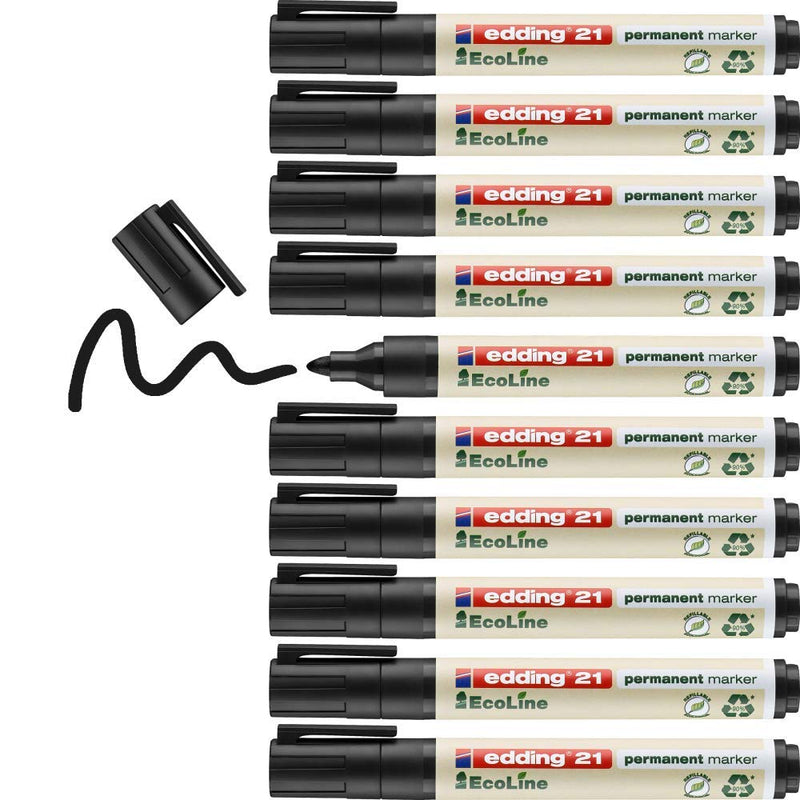 edding 21 Ecoline permanent marker - black - box of 10 - round tip 1.5-3 mm - waterproof, quick-drying, smear-proof pens - for cardboard, plastic, glass, wood, metal and fabric - refillable