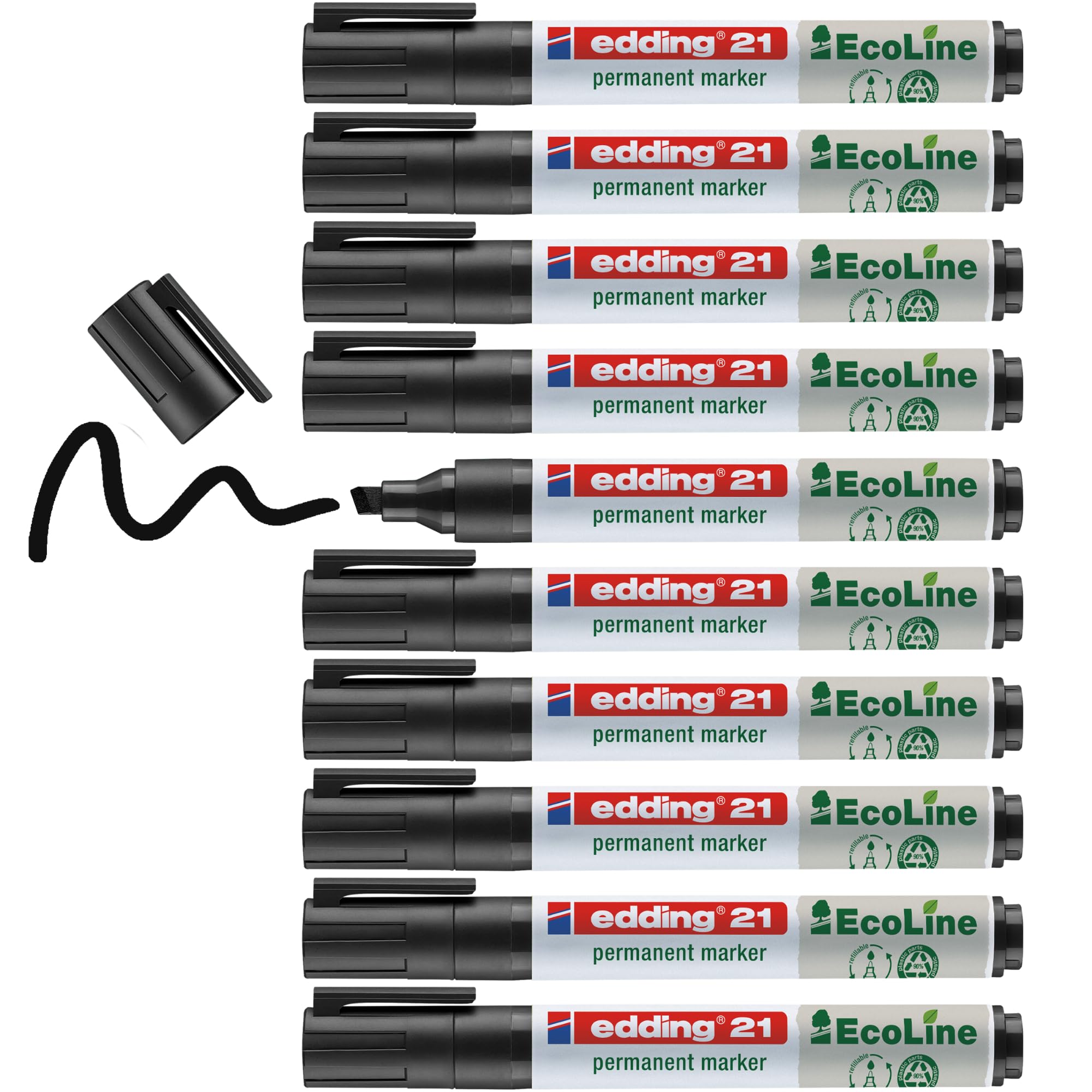 edding 21 Ecoline permanent marker - black - box of 10 - round tip 1.5-3 mm - waterproof, quick-drying, smear-proof pens - for cardboard, plastic, glass, wood, metal and fabric - refillable