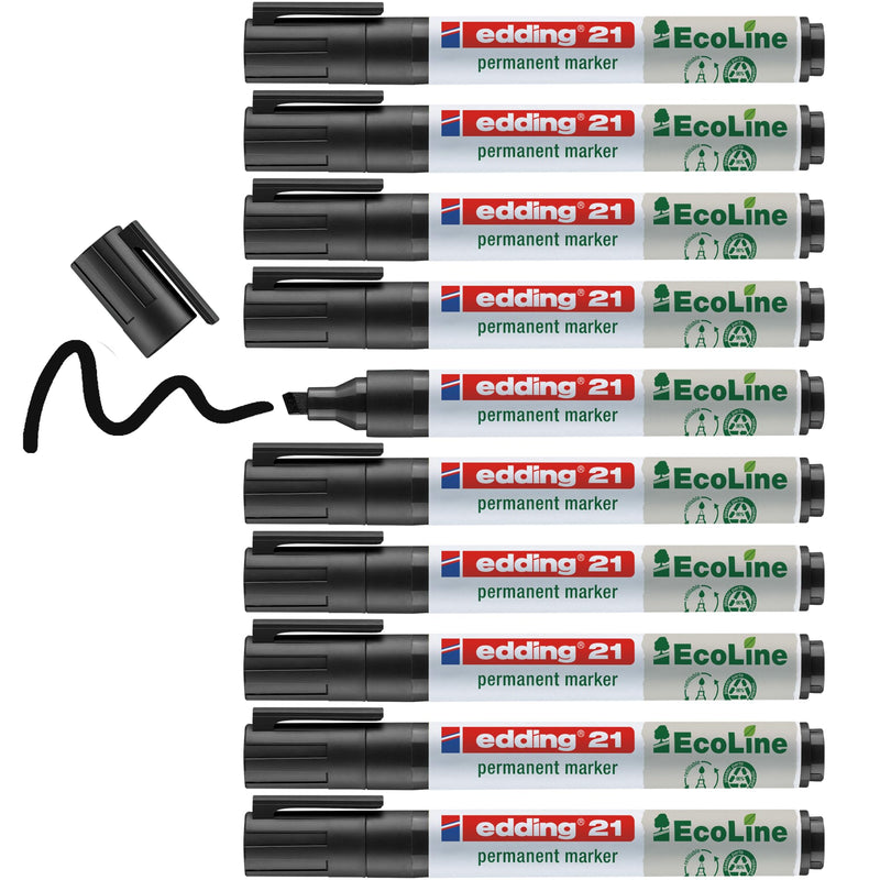 edding 21 Ecoline permanent marker - black - box of 10 - round tip 1.5-3 mm - waterproof, quick-drying, smear-proof pens - for cardboard, plastic, glass, wood, metal and fabric - refillable