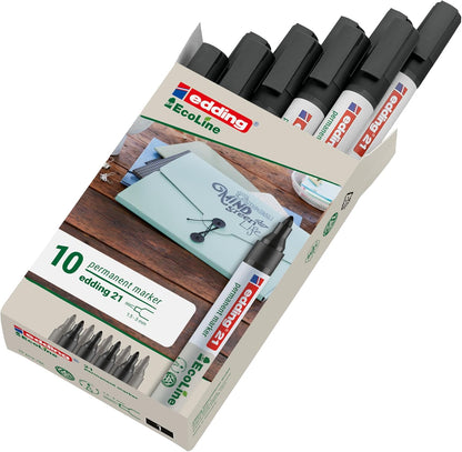 edding 21 Ecoline permanent marker - black - box of 10 - round tip 1.5-3 mm - waterproof, quick-drying, smear-proof pens - for cardboard, plastic, glass, wood, metal and fabric - refillable