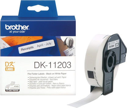 Brother DK-11203 Label Roll, File Folder Labels, Black on White, 300 Labels, 17 mm (W) x 87 mm (L), Brother Genuine Supplies