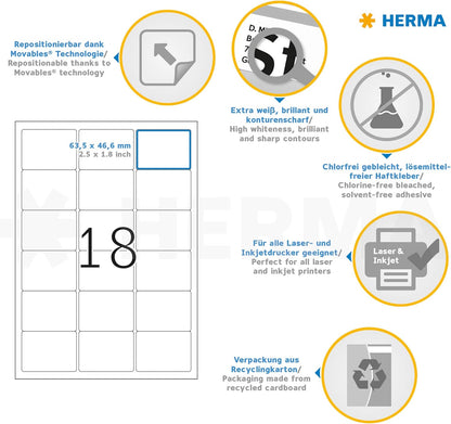 HERMA Self Adhesive Removable Multi-Purpose Labels, 18 Labels Per A4 Sheet, 1800 Labels For Printers, 63.5 x 46.6 mm (10302), White