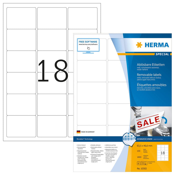 HERMA Self Adhesive Removable Multi-Purpose Labels, 18 Labels Per A4 Sheet, 1800 Labels For Printers, 63.5 x 46.6 mm (10302), White