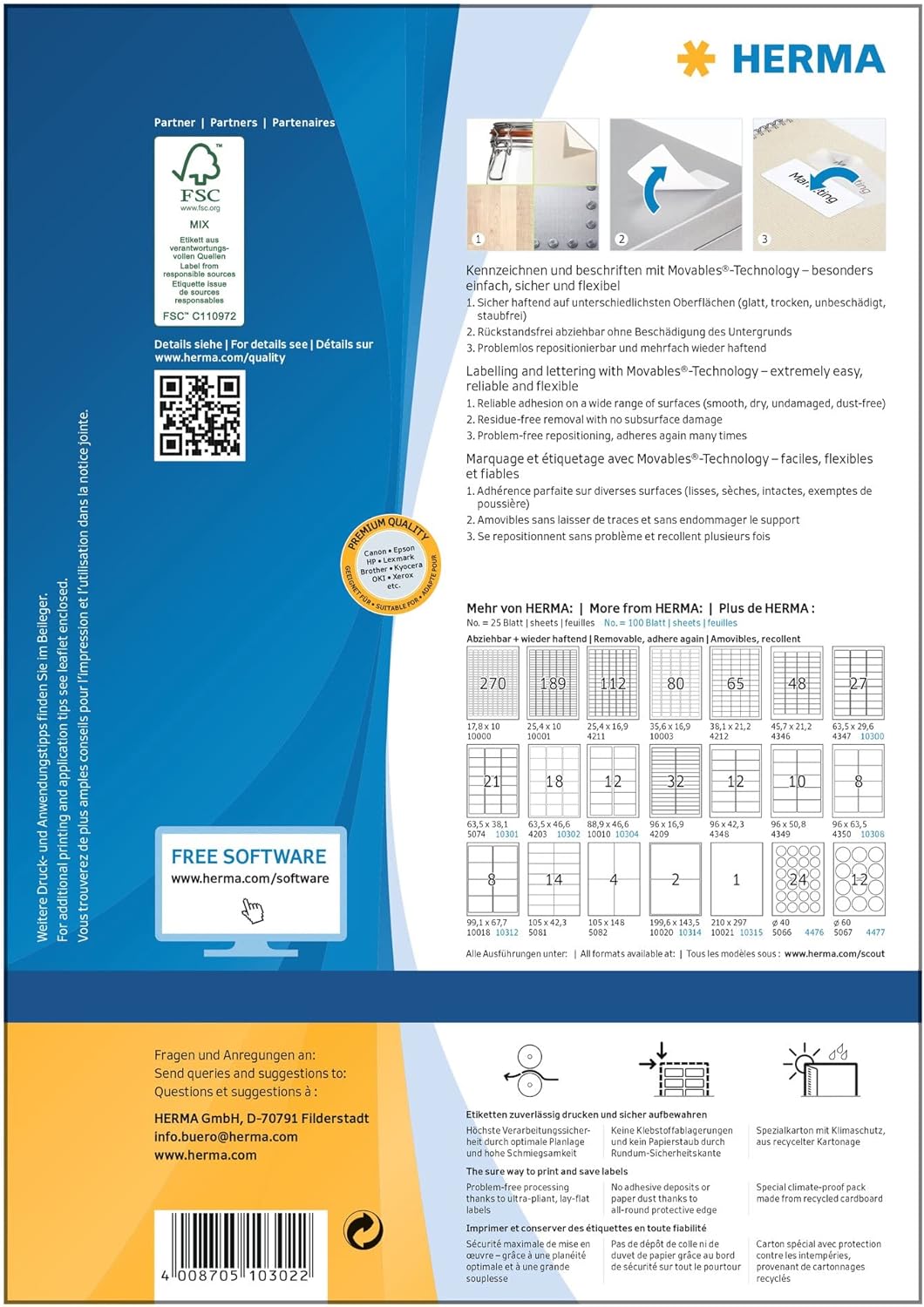 HERMA Self Adhesive Removable Multi-Purpose Labels, 18 Labels Per A4 Sheet, 1800 Labels For Printers, 63.5 x 46.6 mm (10302), White