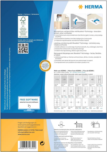 HERMA Self Adhesive Removable Multi-Purpose Labels, 18 Labels Per A4 Sheet, 1800 Labels For Printers, 63.5 x 46.6 mm (10302), White