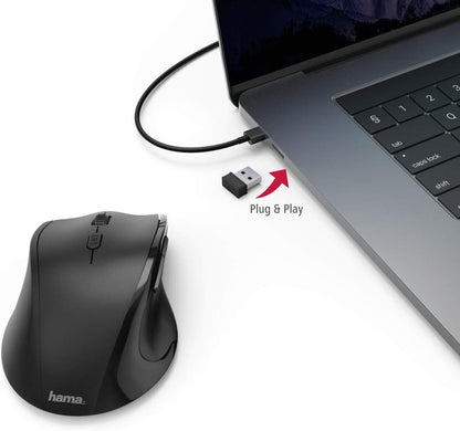 Hama Ergonimc Left Handed Wireless Mouse, Left-handed mouse without cable, wireless radio mouse, USB receiver, vertical, 800-1600 dpi, 3 buttons including browser buttons, 2.4 GHz) black