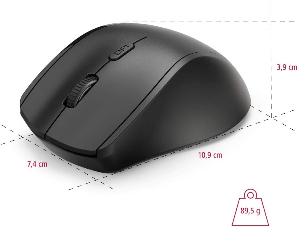 Hama Ergonimc Left Handed Wireless Mouse, Left-handed mouse without cable, wireless radio mouse, USB receiver, vertical, 800-1600 dpi, 3 buttons including browser buttons, 2.4 GHz) black