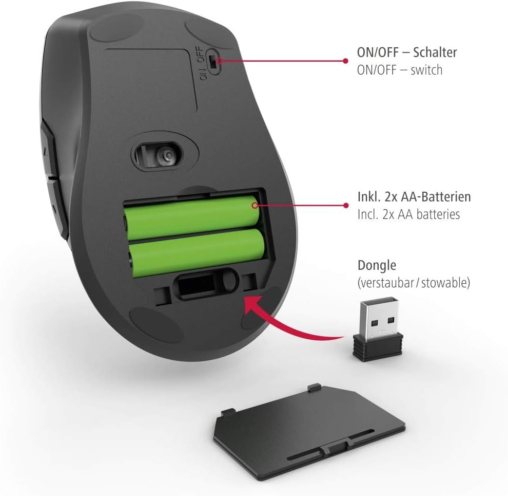 Hama Ergonimc Left Handed Wireless Mouse, Left-handed mouse without cable, wireless radio mouse, USB receiver, vertical, 800-1600 dpi, 3 buttons including browser buttons, 2.4 GHz) black