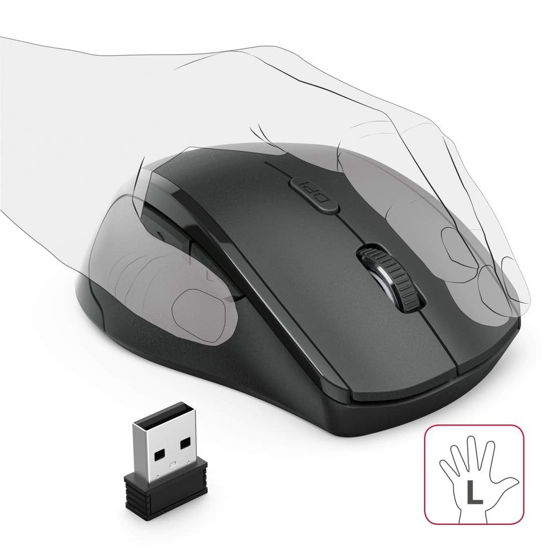 Hama Ergonimc Left Handed Wireless Mouse, Left-handed mouse without cable, wireless radio mouse, USB receiver, vertical, 800-1600 dpi, 3 buttons including browser buttons, 2.4 GHz) black