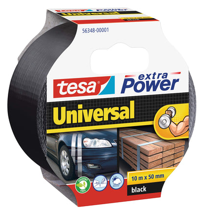 tesa extra Power Universal - Fabric-Reinforced Duct Tape for Repairing, Fastening, Bundling, Reinforcing or Sealing - Black - 10 m x 50 mm