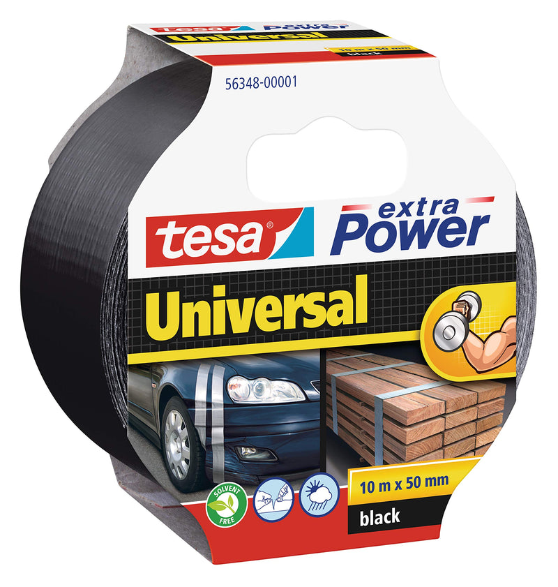 tesa extra Power Universal - Fabric-Reinforced Duct Tape for Repairing, Fastening, Bundling, Reinforcing or Sealing - Black - 10 m x 50 mm