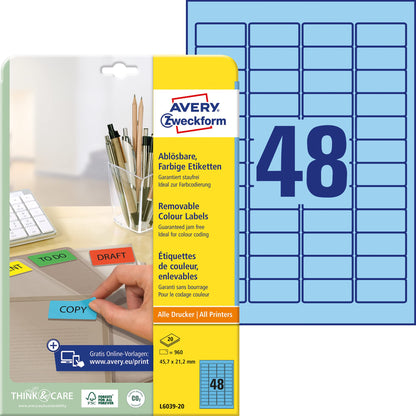 AVERY Zweckform L6039-20 Blaue Etiketten (960 Aufkleber, 45,7x21,2mm auf A4, wieder rückstandsfrei ablösbar, selbstklebende Farbetiketten, Papier matt, bedruckbare, farbige Klebeetiketten) 20 Blatt