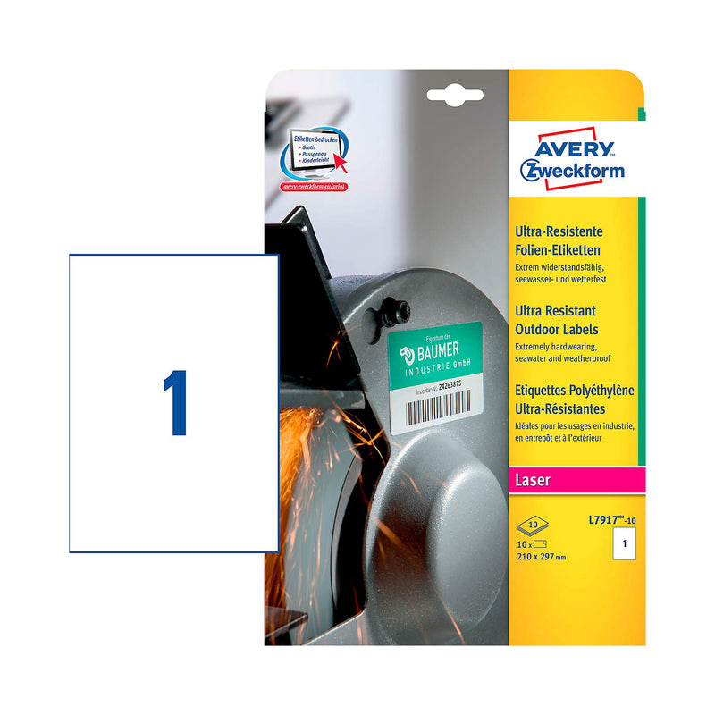 AVERY Zweckform L7917-10 Strapazierfähige Folienetiketten (10 Aufkleber, 210x297mm auf A4, extrem stark selbstklebend, für schwierige Oberflächen, bedruckbare Outdoor Klebefolie) 10 Blatt, weiß