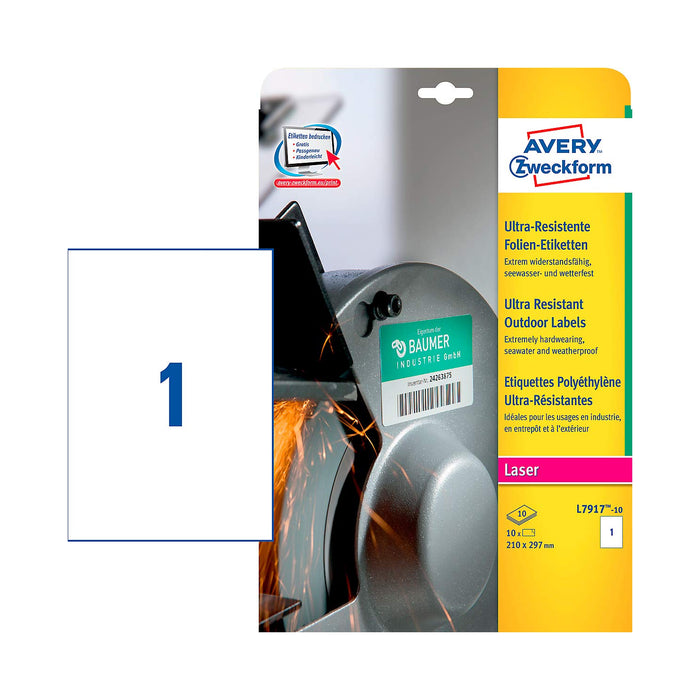 AVERY Zweckform L7917-10 Strapazierfähige Folienetiketten (10 Aufkleber, 210x297mm auf A4, extrem stark selbstklebend, für schwierige Oberflächen, bedruckbare Outdoor Klebefolie) 10 Blatt, weiß