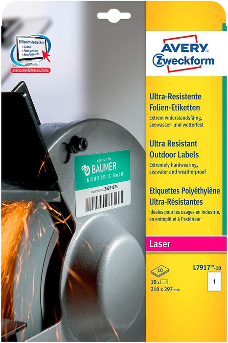 AVERY Zweckform L7917-10 Strapazierfähige Folienetiketten (10 Aufkleber, 210x297mm auf A4, extrem stark selbstklebend, für schwierige Oberflächen, bedruckbare Outdoor Klebefolie) 10 Blatt, weiß