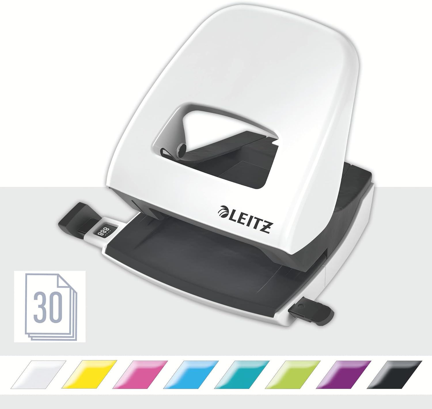 Leitz Hole Punch, 30 Sheets, Guide Bar with Format Markings, Metal, WOW Range, 50081001 - Pearl
