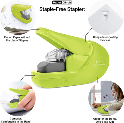 PLUS Japan, Staple-Free Stapler Green, 5 sheet capacity, 1 piece pack (1 x 1 stapler