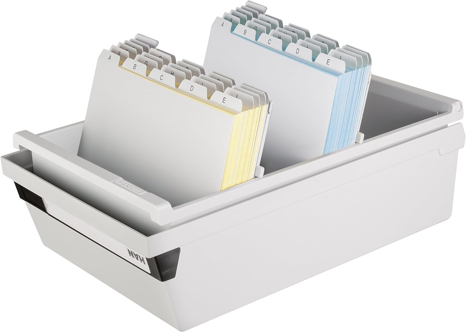 HAN 955-11, Card filing box A5 landscape. Innovative, attractive design holds 1,300 cards, readjustable lid supplied with large inscription label, light-grey