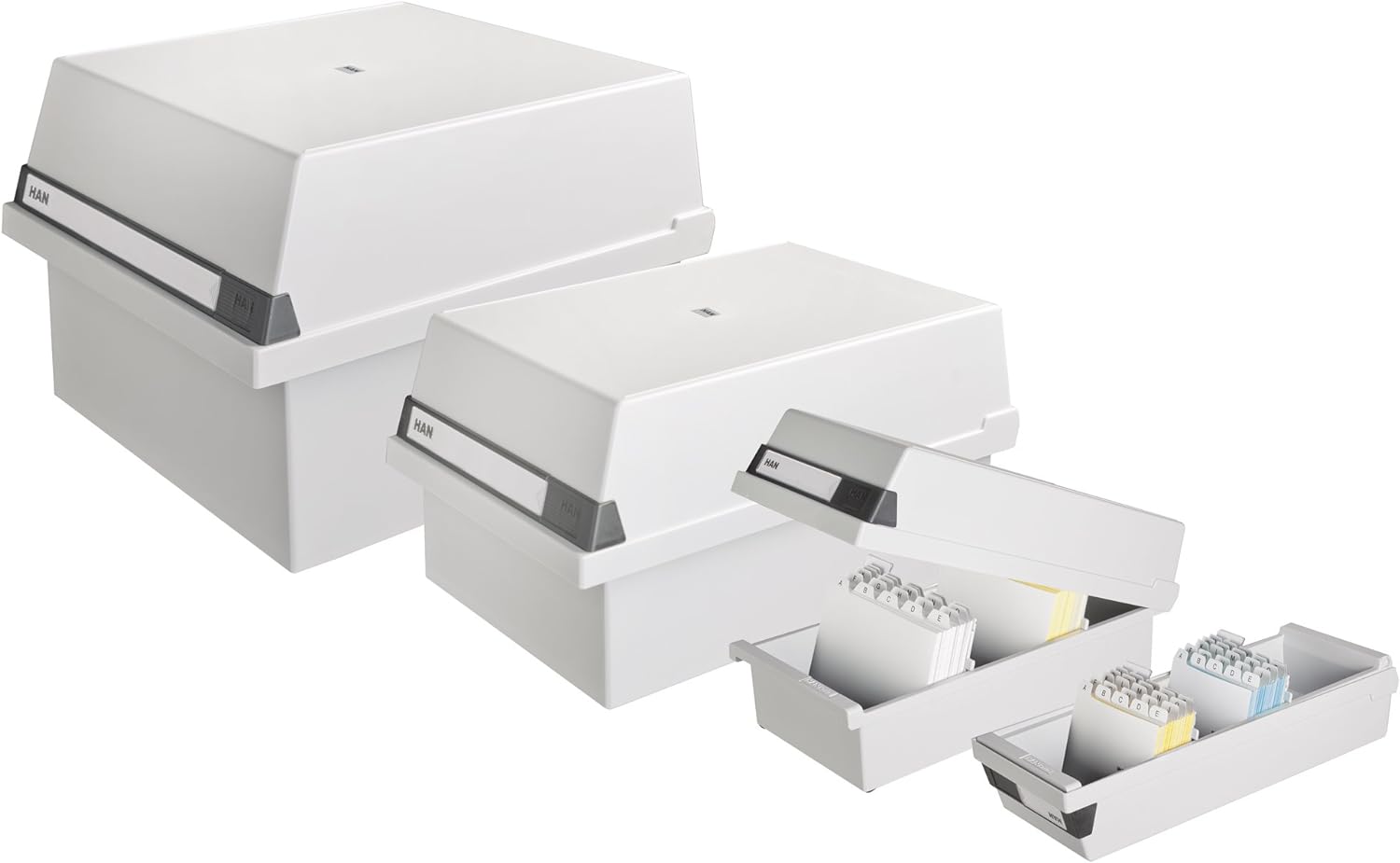 HAN 955-11, Card filing box A5 landscape. Innovative, attractive design holds 1,300 cards, readjustable lid supplied with large inscription label, light-grey