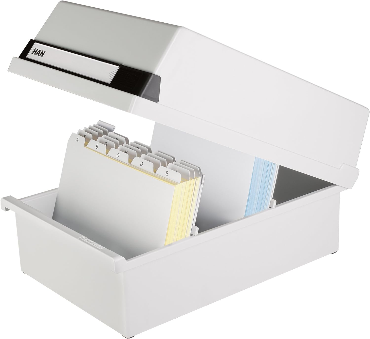 HAN 955-11, Card filing box A5 landscape. Innovative, attractive design holds 1,300 cards, readjustable lid supplied with large inscription label, light-grey