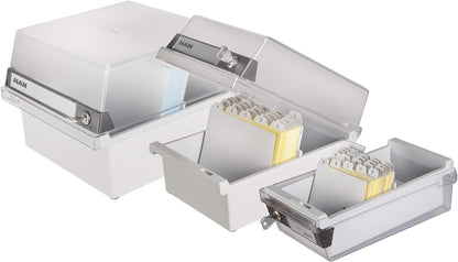 HAN 965-S-631, Card filing box Special Edition A5 landscape. Innovative, attractive design holds 800 cards with lock, readjustable lid supplied with large inscription label, light-grey-translucent