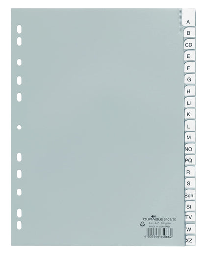 Durable 640110 Polypropylene A-Z Index File with 20 Pre-Inserted Printed Inserts for A4 Sheets - Grey
