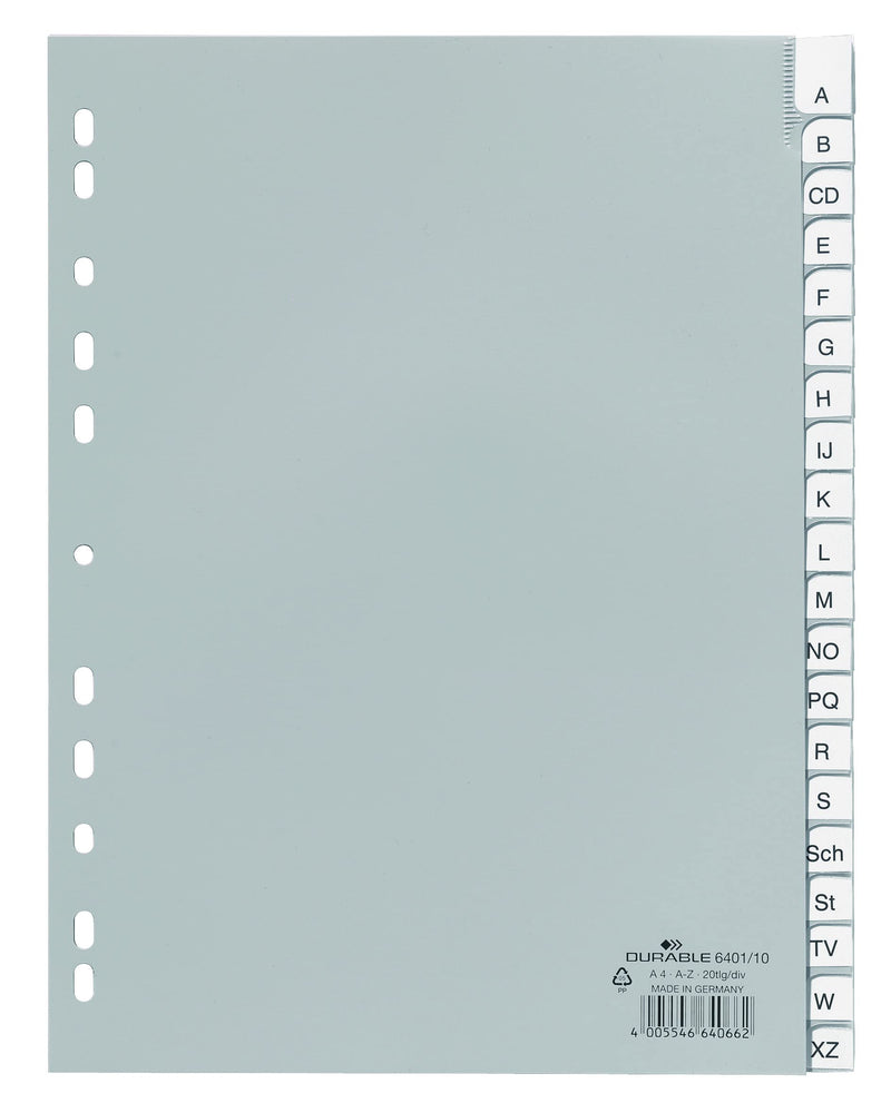 Durable 640110 Polypropylene A-Z Index File with 20 Pre-Inserted Printed Inserts for A4 Sheets - Grey
