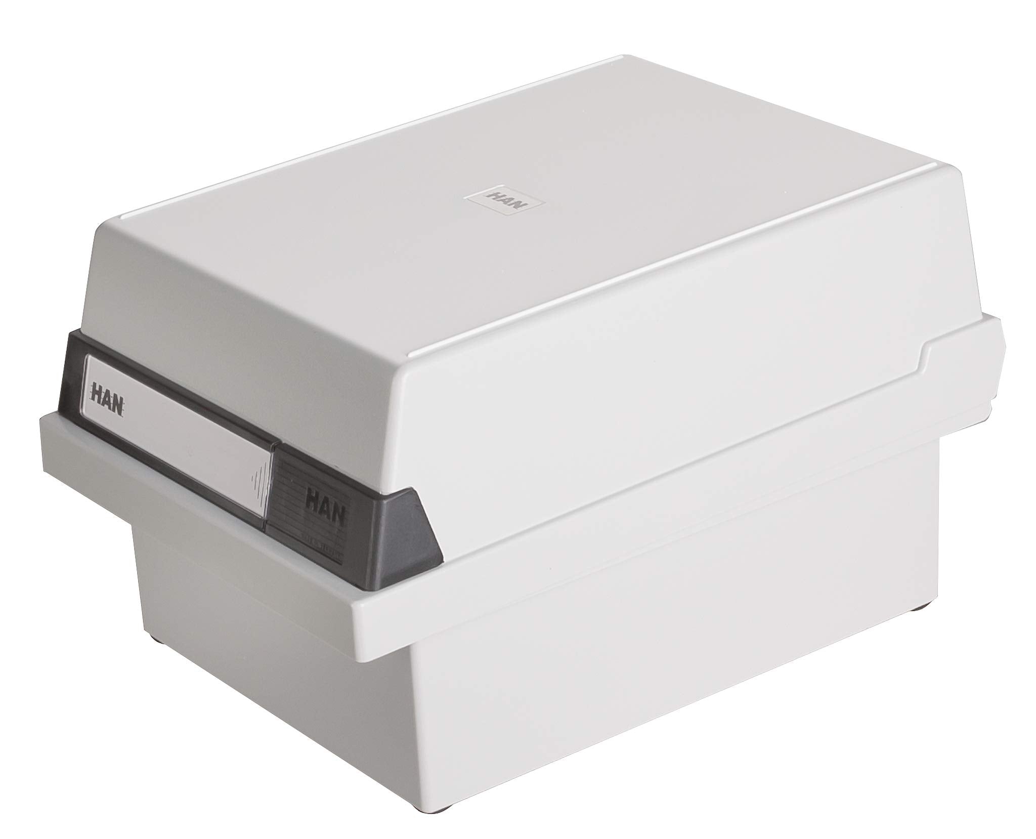 HAN Karteikasten A6 965-11 für 800 Karten, quer – Karteikartenbox in Lichtgrau mit großem Schriftfeld & inkl. 2 Stützplatten - simpel Ordnung halten & Stützplatte DIN A6 quer, 5er Packung