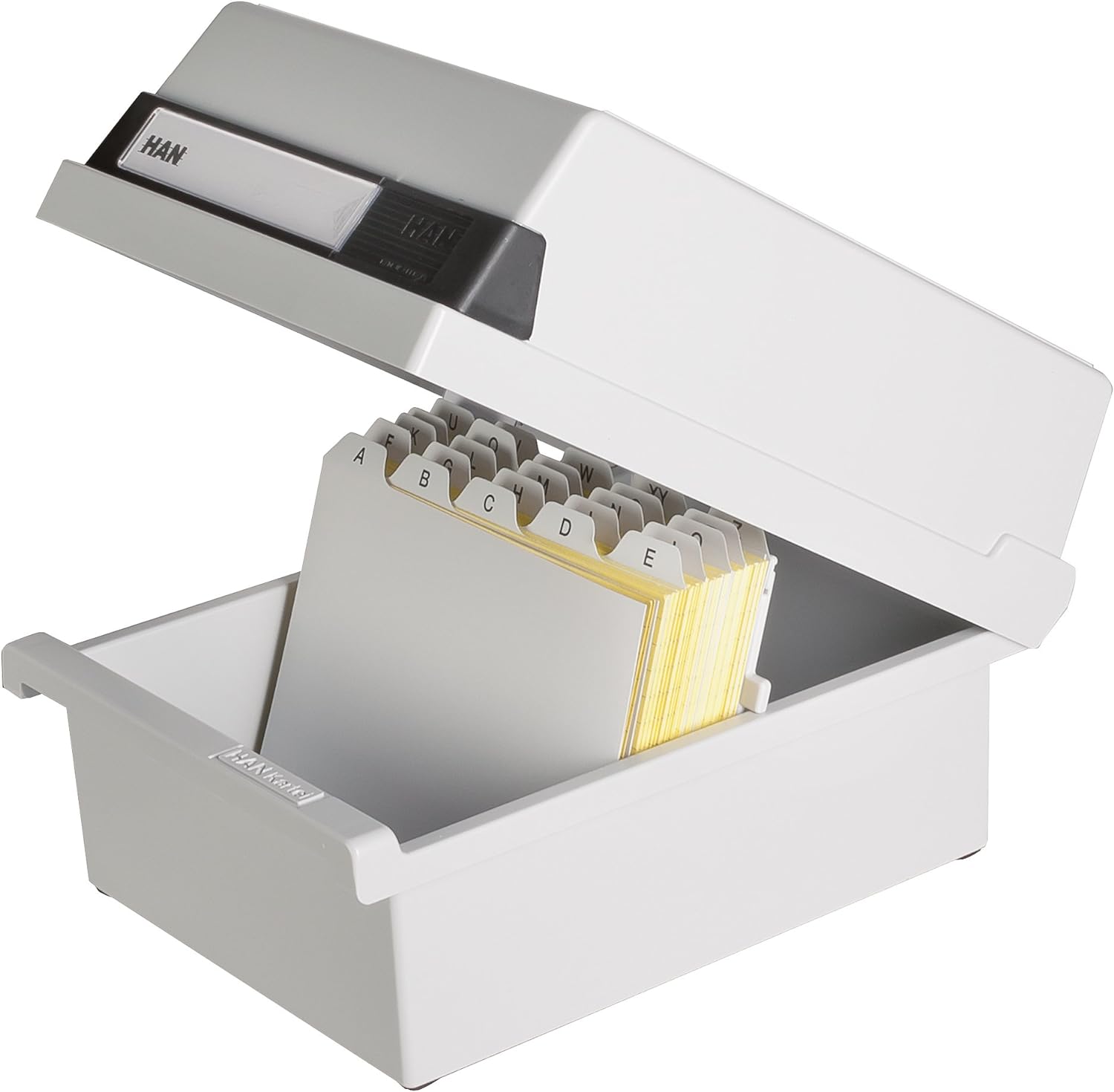 HAN Karteikasten A6 965-11 für 800 Karten, quer – Karteikartenbox in Lichtgrau mit großem Schriftfeld & inkl. 2 Stützplatten - simpel Ordnung halten & Stützplatte DIN A6 quer, 5er Packung
