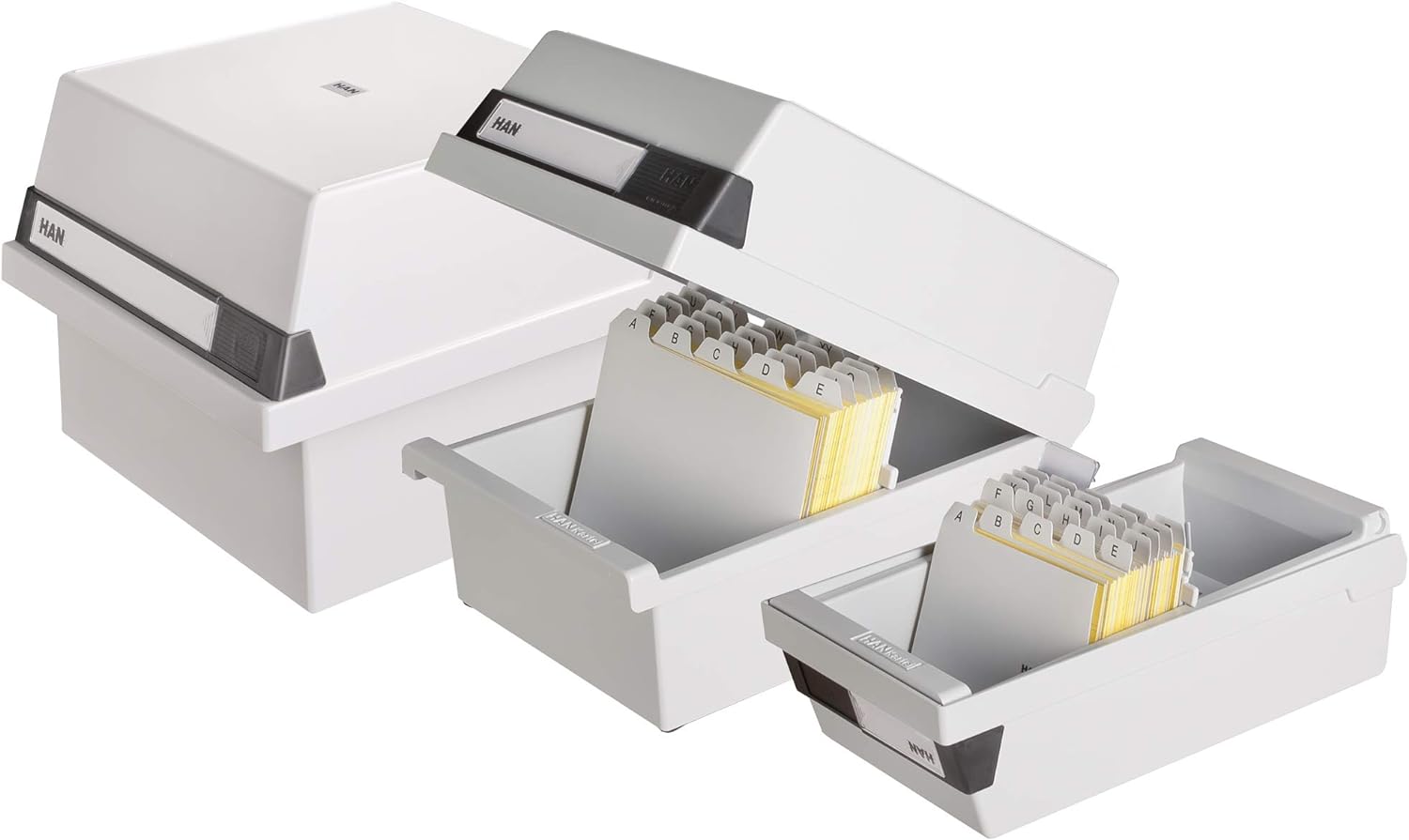 HAN Karteikasten A6 965-11 für 800 Karten, quer – Karteikartenbox in Lichtgrau mit großem Schriftfeld & inkl. 2 Stützplatten - simpel Ordnung halten & Stützplatte DIN A6 quer, 5er Packung
