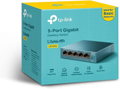 TP-Link LS105G 5-Port Desktop/Wallmount Gigabit Ethernet Switch, Splitter, Plug & Play, Desktop, Steel Case,Black