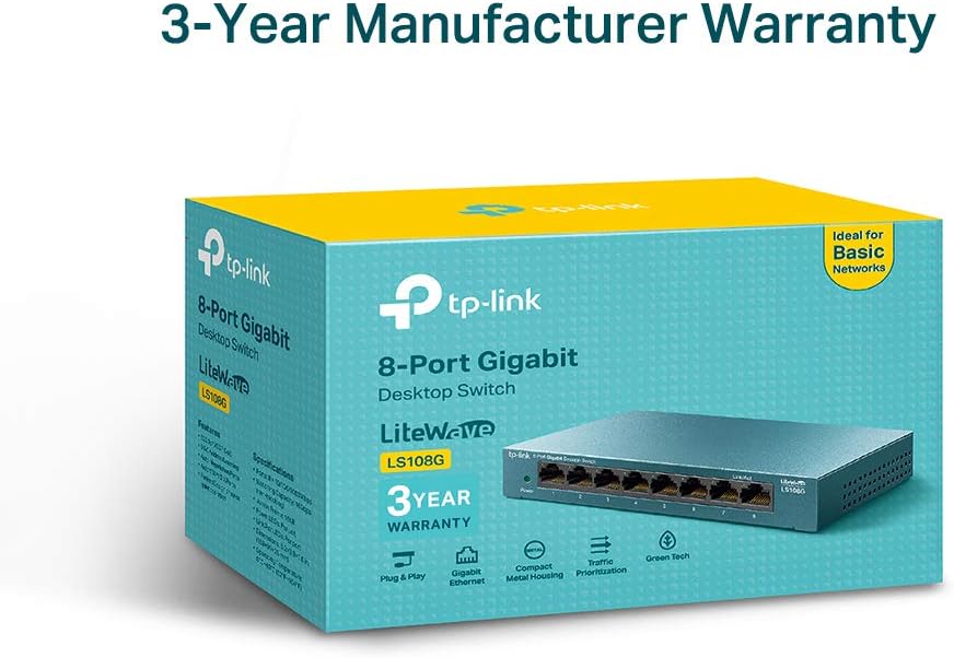 TP-Link LS108G 8-Port Desktop/Wallmount Gigabit Ethernet Switch/Hub, Network Splitter, Plug and play, Steel Case, Green