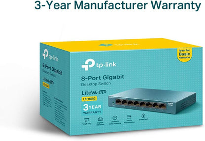 TP-Link LS108G 8-Port Desktop/Wallmount Gigabit Ethernet Switch/Hub, Network Splitter, Plug and play, Steel Case, Green