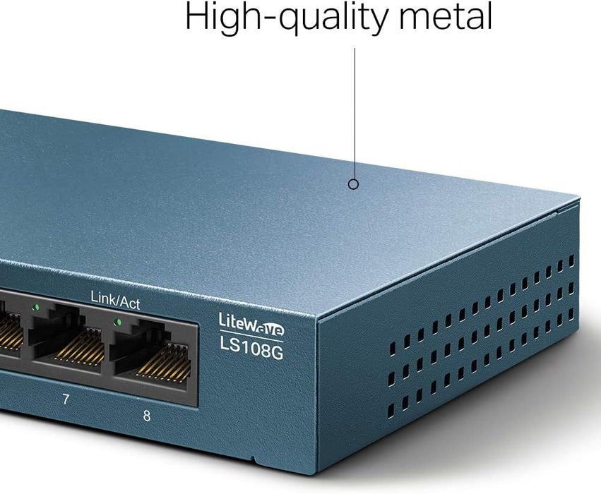 TP-Link LS108G 8-Port Desktop/Wallmount Gigabit Ethernet Switch/Hub, Network Splitter, Plug and play, Steel Case, Green