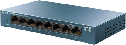 TP-Link LS108G 8-Port Desktop/Wallmount Gigabit Ethernet Switch/Hub, Network Splitter, Plug and play, Steel Case, Green