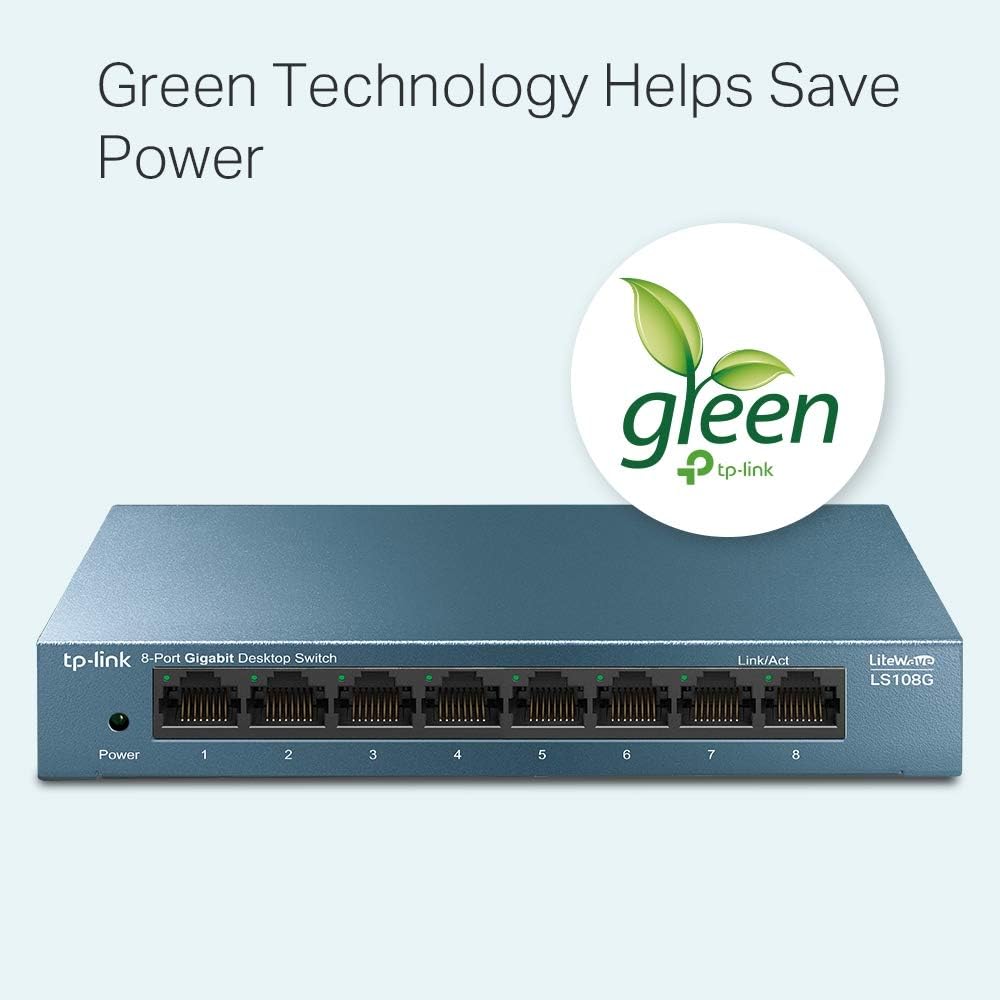 TP-Link LS108G 8-Port Desktop/Wallmount Gigabit Ethernet Switch/Hub, Network Splitter, Plug and play, Steel Case, Green
