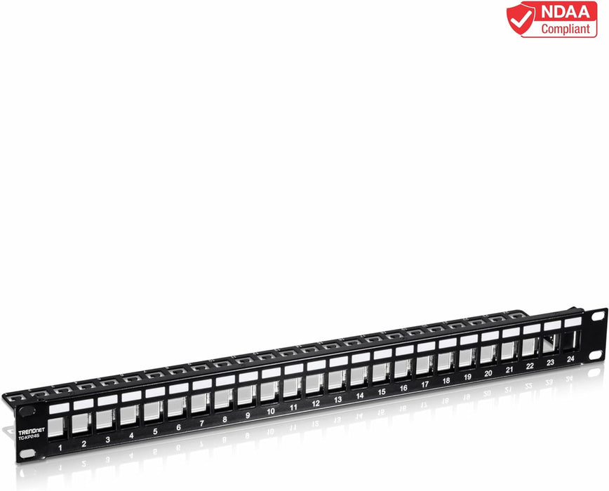 TRENDnet 24-Port Blank Keystone Shielded 1U Patch Panel, TC-KP24S, STP, Cat6A, Cat5, Cat5e, Cat6, 19 Inch RackMount Design, Recommended with TC-K06C6A Cat6A Keystone Jacks,Black 24 Port Blank Keystone Shielded
