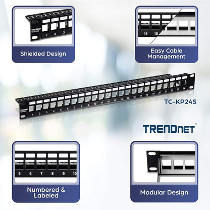 TRENDnet 24-Port Blank Keystone Shielded 1U Patch Panel, TC-KP24S, STP, Cat6A, Cat5, Cat5e, Cat6, 19 Inch RackMount Design, Recommended with TC-K06C6A Cat6A Keystone Jacks,Black 24 Port Blank Keystone Shielded