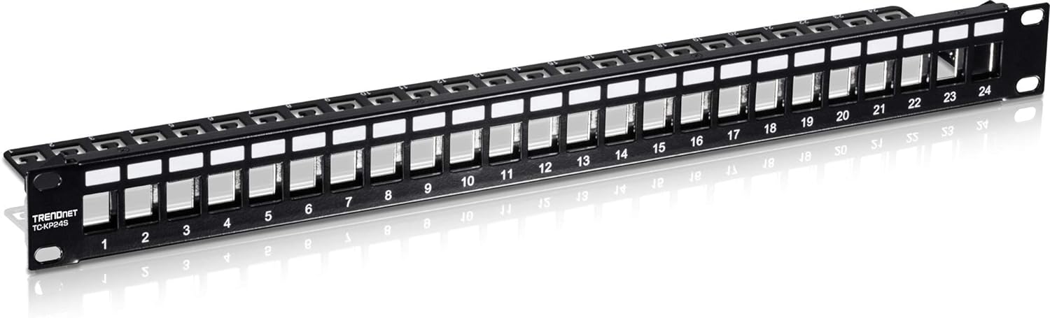 TRENDnet 24-Port Blank Keystone Shielded 1U Patch Panel, TC-KP24S, STP, Cat6A, Cat5, Cat5e, Cat6, 19 Inch RackMount Design, Recommended with TC-K06C6A Cat6A Keystone Jacks,Black 24 Port Blank Keystone Shielded