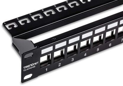 TRENDnet 24-Port Blank Keystone Shielded 1U Patch Panel, TC-KP24S, STP, Cat6A, Cat5, Cat5e, Cat6, 19 Inch RackMount Design, Recommended with TC-K06C6A Cat6A Keystone Jacks,Black 24 Port Blank Keystone Shielded