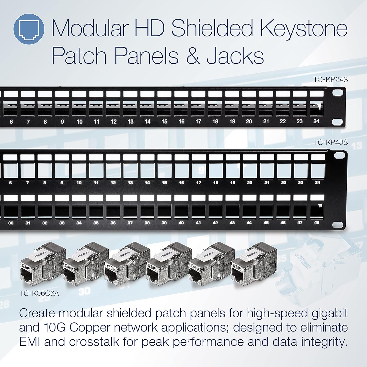 TRENDnet 24-Port Blank Keystone Shielded 1U Patch Panel, TC-KP24S, STP, Cat6A, Cat5, Cat5e, Cat6, 19 Inch RackMount Design, Recommended with TC-K06C6A Cat6A Keystone Jacks,Black 24 Port Blank Keystone Shielded