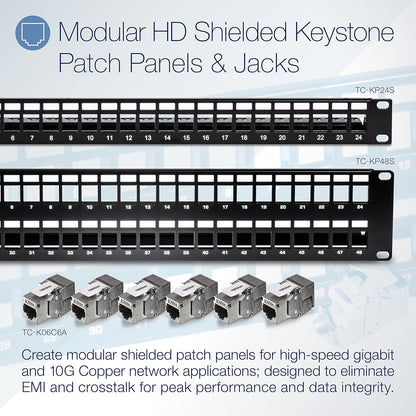 TRENDnet 24-Port Blank Keystone Shielded 1U Patch Panel, TC-KP24S, STP, Cat6A, Cat5, Cat5e, Cat6, 19 Inch RackMount Design, Recommended with TC-K06C6A Cat6A Keystone Jacks,Black 24 Port Blank Keystone Shielded