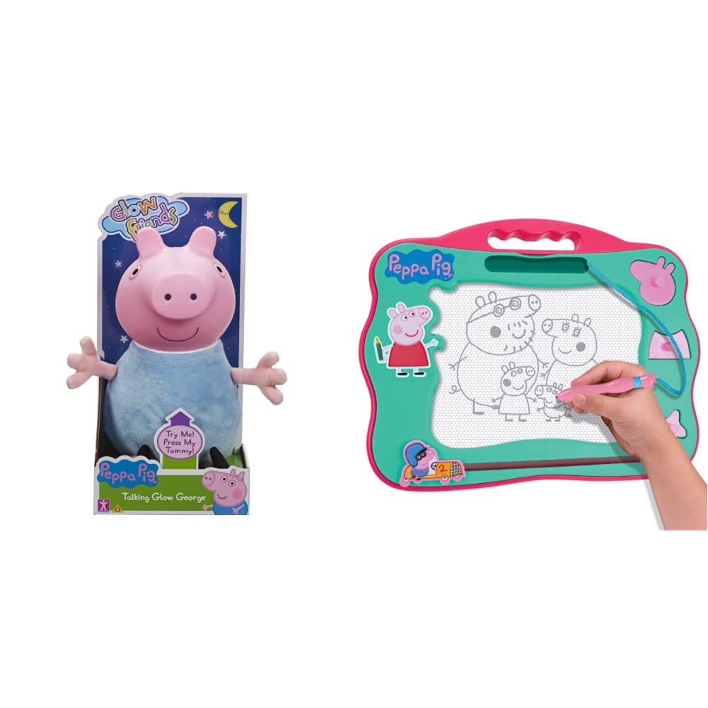Peppa Pig glow Friends Talking Peppa, preschool interactive soft toy, with lights up face and sound effects, gift for 3-5 year old & Travel Magnetic Scribbler pad with pen and 3 stamps + Travel Magnetic Scribbler pad