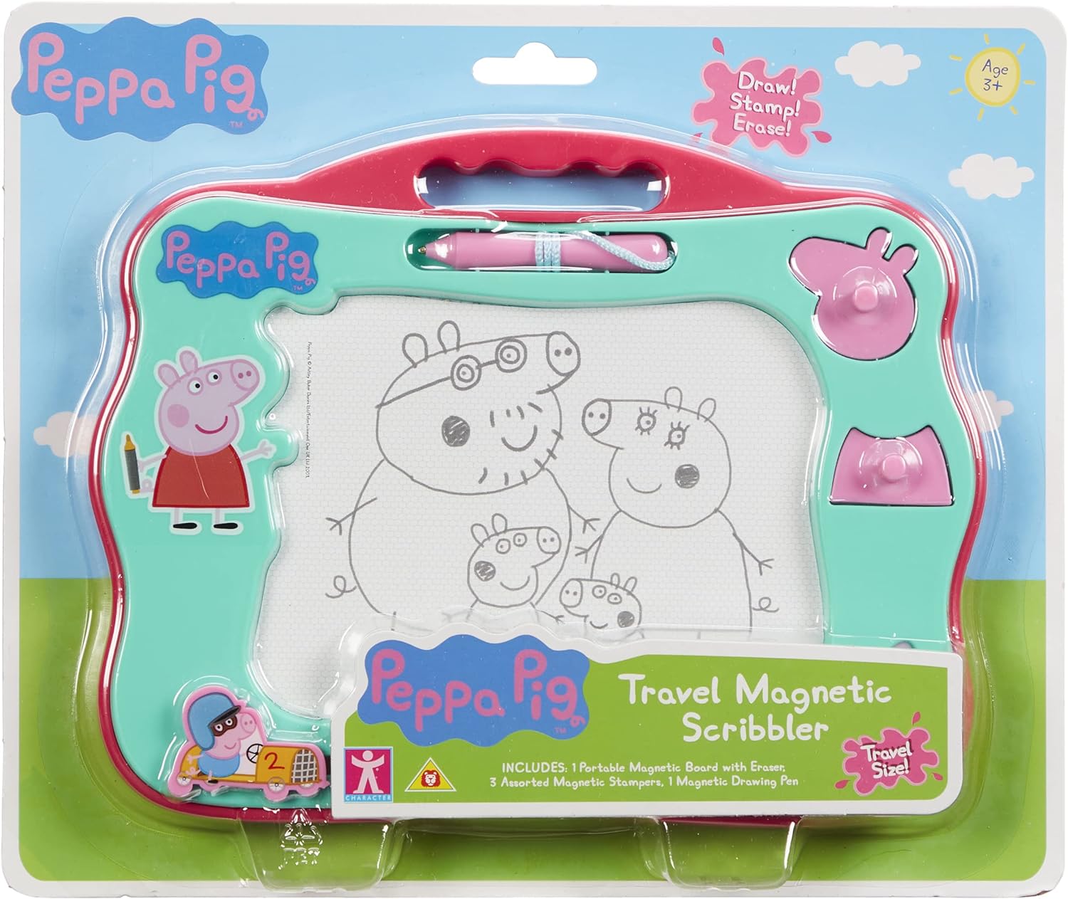 Peppa Pig glow Friends Talking Peppa, preschool interactive soft toy, with lights up face and sound effects, gift for 3-5 year old & Travel Magnetic Scribbler pad with pen and 3 stamps + Travel Magnetic Scribbler pad