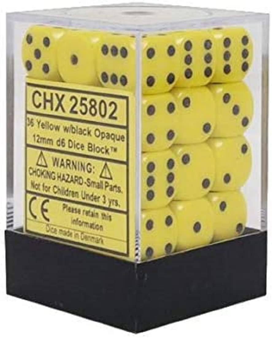 Chessex CHX25802 Dice - Opaque: 36D6 Yellow/Black, Small (10mm - 14mm