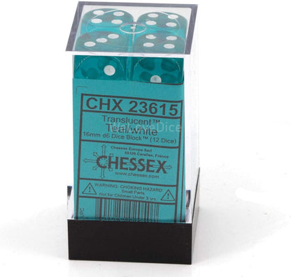 DND Dice Set-Chessex D&D Dice-16mm Translucent Teal and White Plastic Polyhedral Dice Set-Dungeons and Dragons Dice Includes 12 Dice – D6