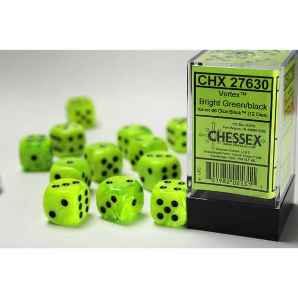 DND Dice Set-Chessex D&D Dice-16mm Vortex Bight Green and Black Plastic Polyhedral Dice Set-Dungeons and Dragons Dice Includes 12 Dice – D6, Various, One Size (CHX27630