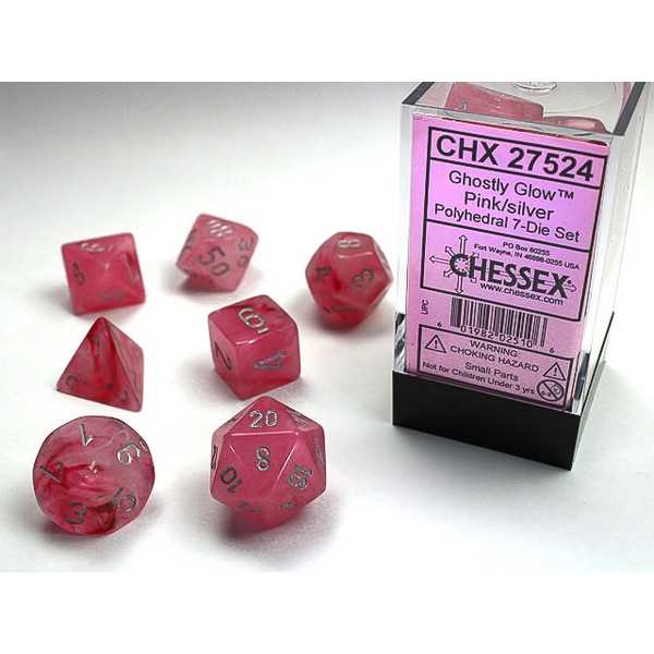 Chessex CHX27524 Dice-Ghostly Glow 7Pc Set, Pink/Silver, Large (18mm - 25mm