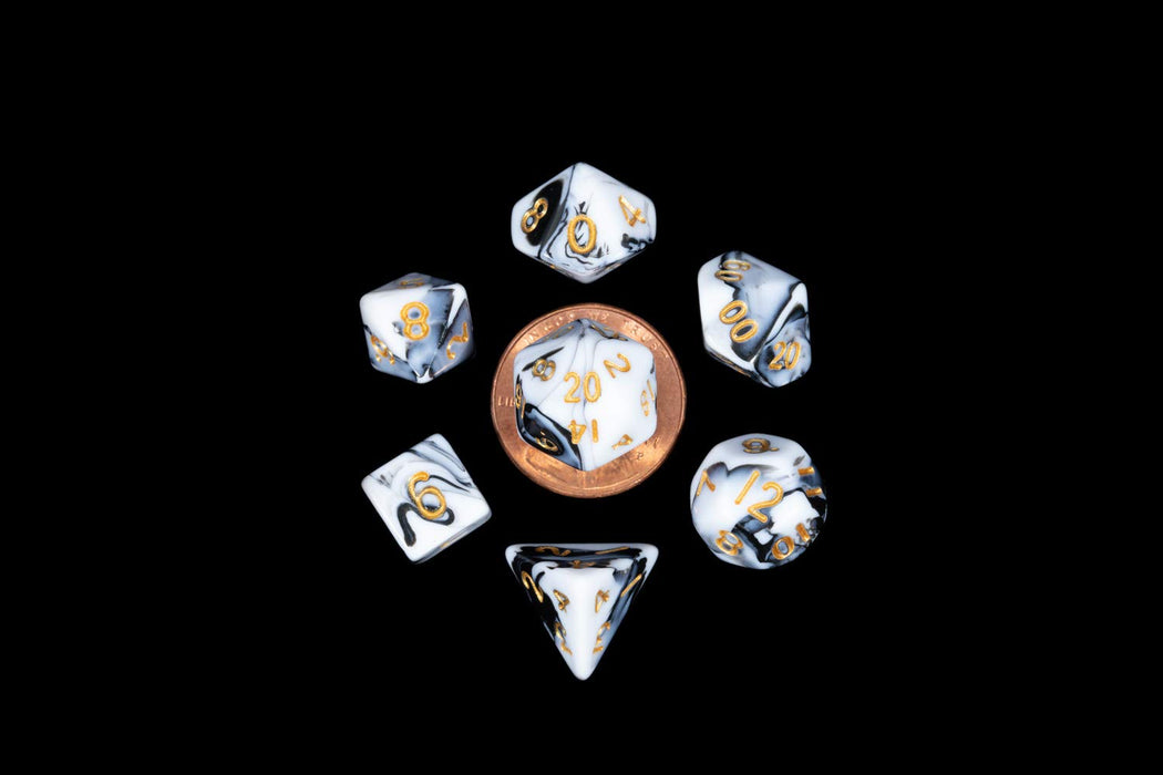 Black and White Marble Colored Poly Dice with Gold Numbers 10mm (3/8in) 7-Dice Set'