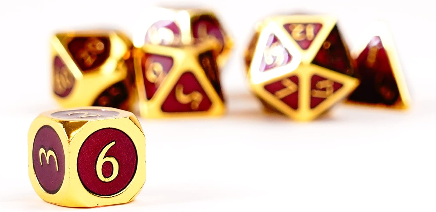 FanRoll by Metallic Dice Games 16mm Metal Polyhedral DND Dice Set: Gold w/ Purple Enamel, Role Playing Game Dice for Dungeons and Dragons Gold With Purple